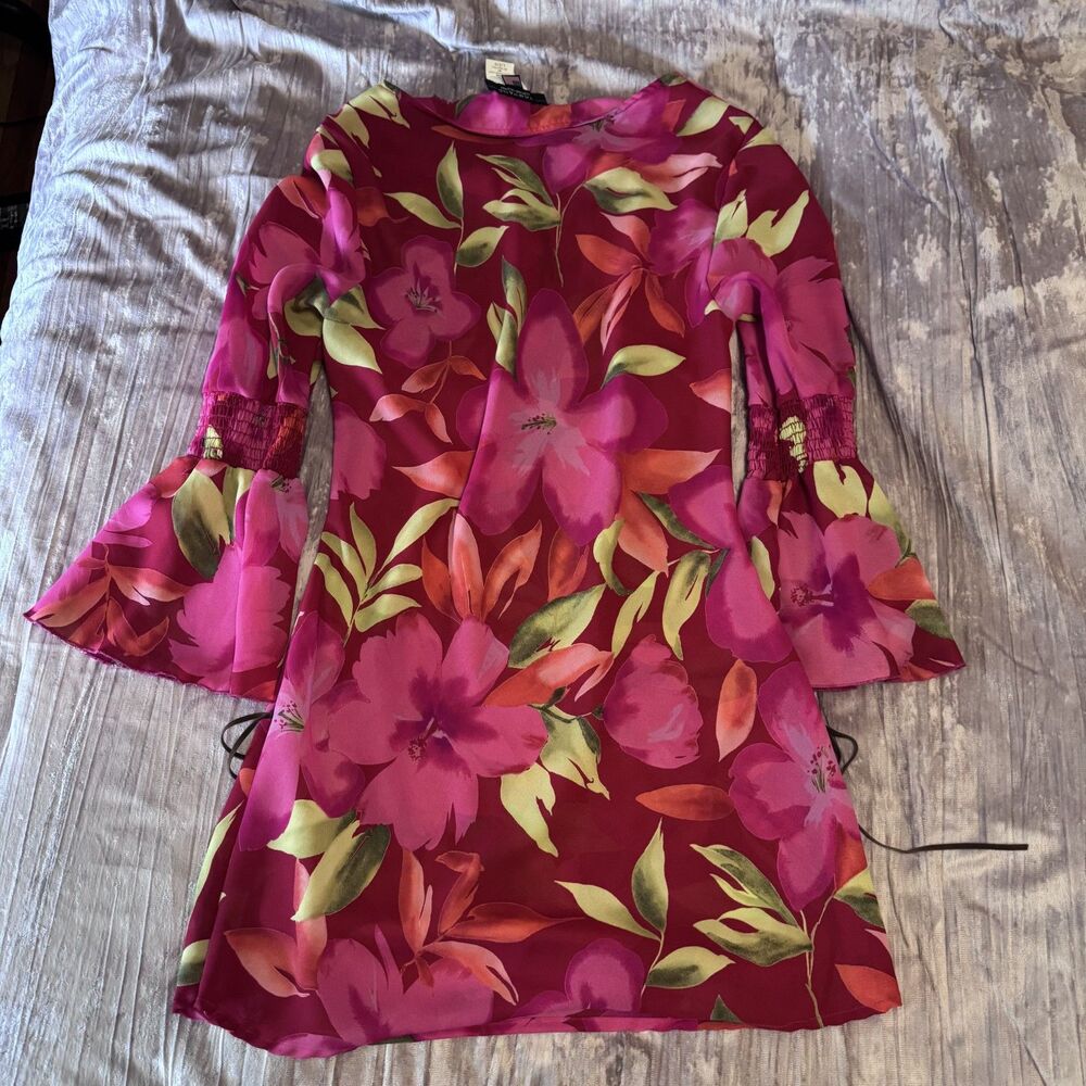 Vintage Y2K Rampage Sheer Tropical Floral Bell Sleeve Mini Dress size L